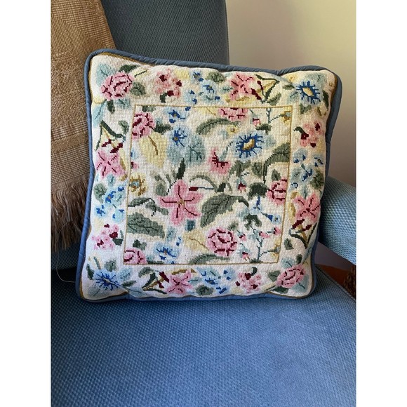 Vintage 15” Square Floral Cross Stitch Pillow - Picture 2 of 5